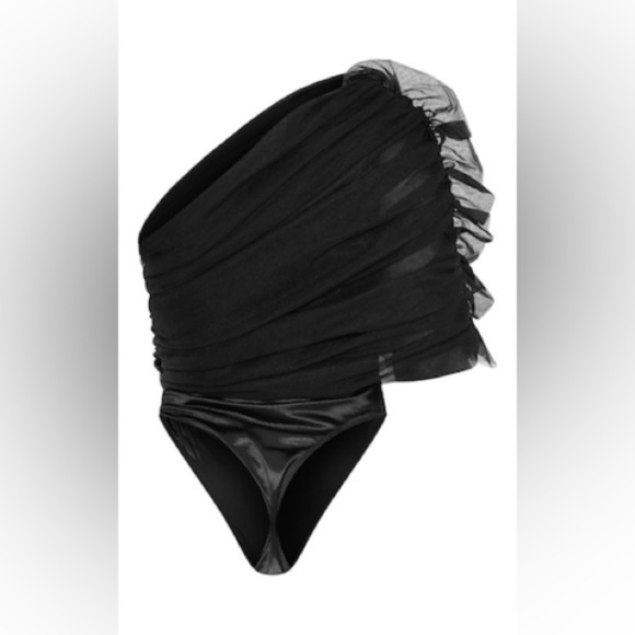 NWT PrettyLittleThing Black Sheer Ruffle One Shoulder Bodysuit sz 2 - Picture 6 of 13